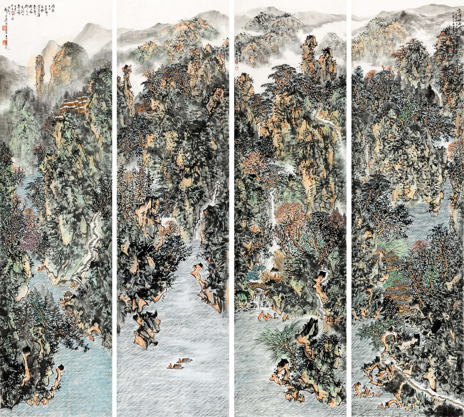 《唐人诗意系列》180x48cm x4 纸本水墨 写意山水 2016年